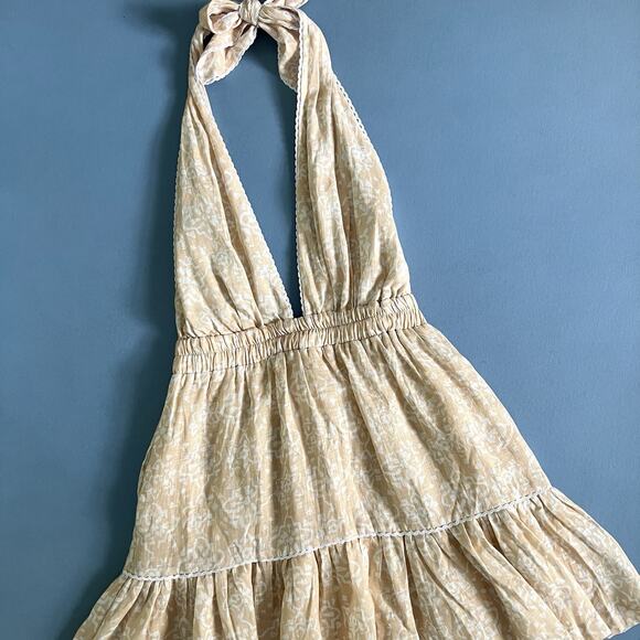 NWT Mon Renn Havana Crochet Print Tan Linen Halter Mini Dress - Picture 3 of 5